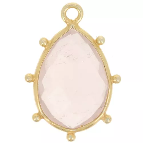 Pendentif goutte facetté & petites boules 19x13mm Arg 925 Doré Or fin Quartz rose