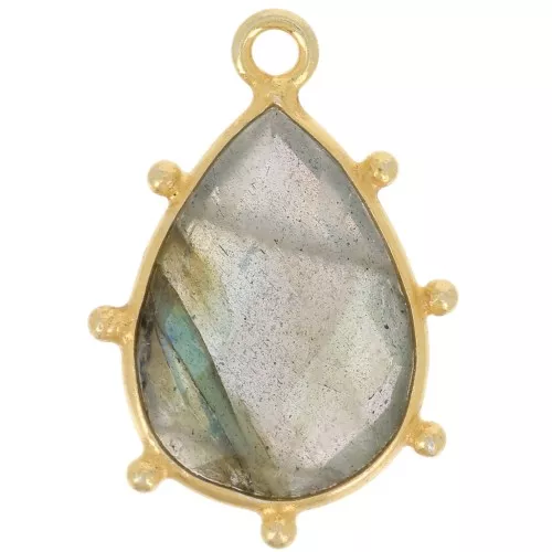 Pendentif goutte facetté & petites boules 19x13mm Arg 925 Doré Or fin Labradorite