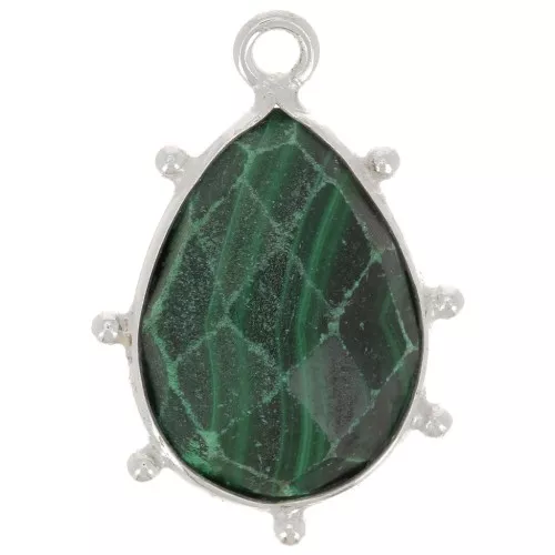 Pendentif goutte facetté & petites boules 19x13 mm - Argent 925 - Malachite x1
