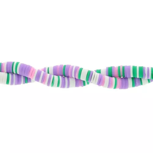Perles Heishi rondelles en pâte polymère 6x1 mm - Mix Vert - Violet - Blanc x39cm