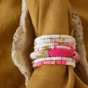 Perles Heishi rondelles en pâte polymère 6x1mm Mix Rose fluo - Blanc - Jaune x39cm