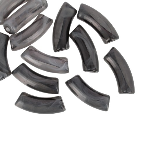 Perles tube incurvé 35x11 mm en acrylique transparente - Marbré Noir - Blanc x6
