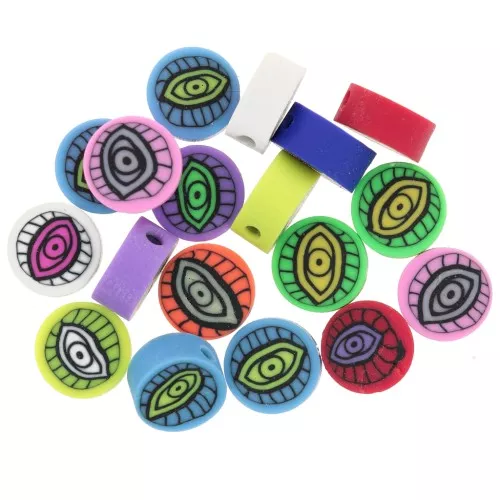Assortiment perles rondes - motif oeil - pâte polymère 9 mm - Multicolore fluo x10