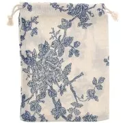 Pochon en coton motif roses pour bijoux 17.5x13 cm - Ecru - Bleu foncé x1