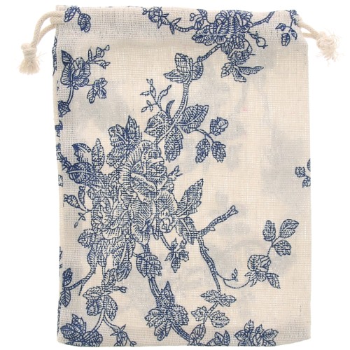 Pochon en coton motif roses pour bijoux 17.5x13 cm - Ecru - Bleu foncé x1