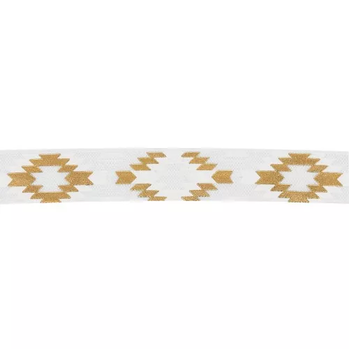 Ruban fantaisie élastique motif Aztèque 15 mm - Blanc - Doré x1m