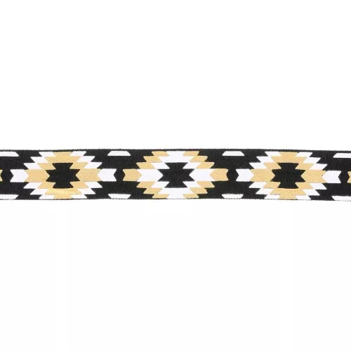 Ruban fantaisie élastique motif Aztèque 15 mm - Noir - Blanc - Doré x1m