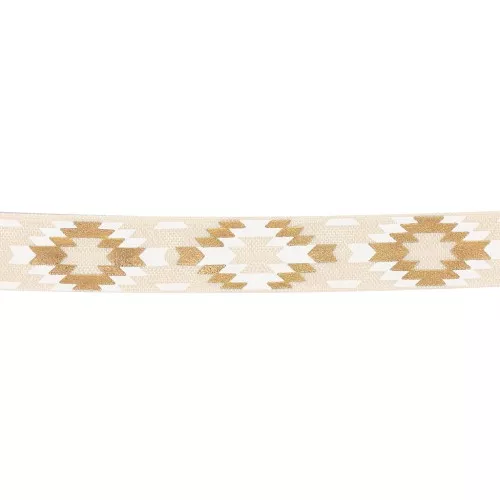 Ruban fantaisie élastique motif Aztèque 15 mm - Beige - Blanc - Doré x1m