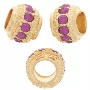 Perle rondelle strassée 7x6 mm - Doré - Fuchsia x1