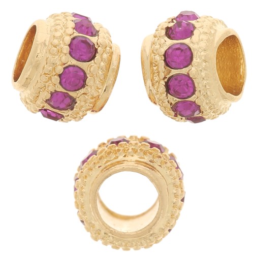 Perle rondelle strassée 7x6 mm - Doré - Fuchsia x1