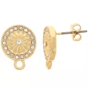 Clous d'oreilles rond 11 mm avec strass et anneau - Doré - Crystal x2