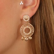 Clous d'oreilles rond 11 mm avec strass et anneau - Doré - Crystal x2