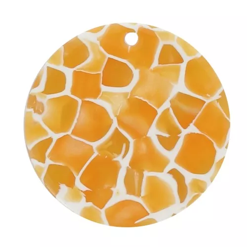 Pendentif rond 30 mm en acétate - Ecaille de tortue - Jaune - Blanc x1