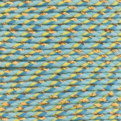 Cordon en coton tressé et fil métallisé 1.5mm - Multi bleu - Vert clair - Doré x1m