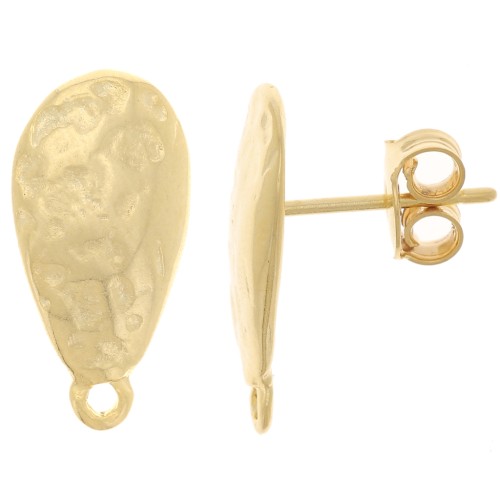 Clous d'oreilles goutte martelé 18x9 mm avec anneau fermé - Doré à l'or fin x2