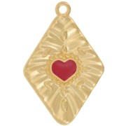 Pendentif losange effet plissé 36x24 mm motif coeur - Doré à l'or fin - Rouge x1