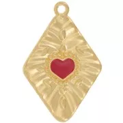 Pendentif losange effet plissé 36x24 mm motif coeur - Doré à l'or fin - Rouge x1