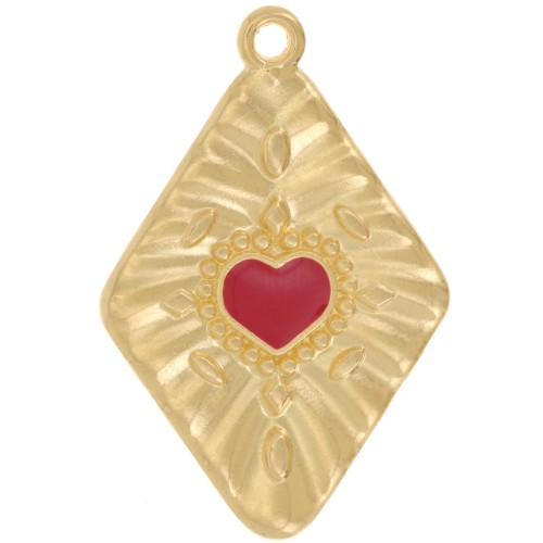 Pendentif losange effet plissé 36x24 mm motif coeur - Doré à l'or fin - Rouge x1