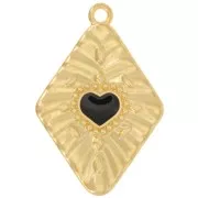 Pendentif losange effet plissé 36x24 mm motif coeur - Doré à l'or fin - Noir x1