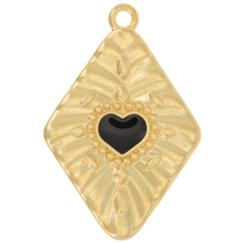 Pendentif losange effet plissé 36x24 mm motif coeur - Doré à l'or fin - Noir x1