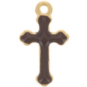 Breloque croix 19x11 mm en résine époxy - Doré à l'or fin - Marron foncé x1