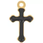 Breloque croix 19x11 mm en résine époxy - Doré à l'or fin - Noir x1