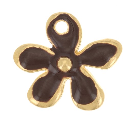 Breloque fleur 12.5x14 mm en résine époxy - Doré à l'or fin - Marron foncé x1