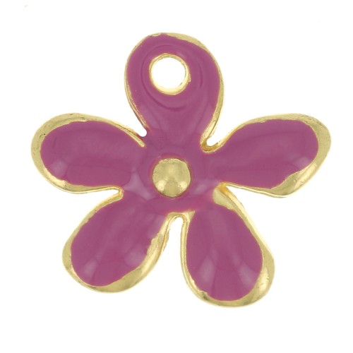 Breloque fleur 12.5x14 mm en résine époxy - Doré à l'or fin - Fuchsia x1
