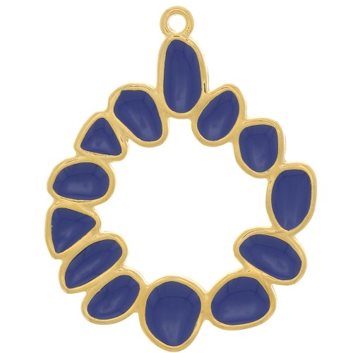 Pendentif rond irrégulier 39 mm avec résine époxy - Doré à l'or fin - Bleu foncé