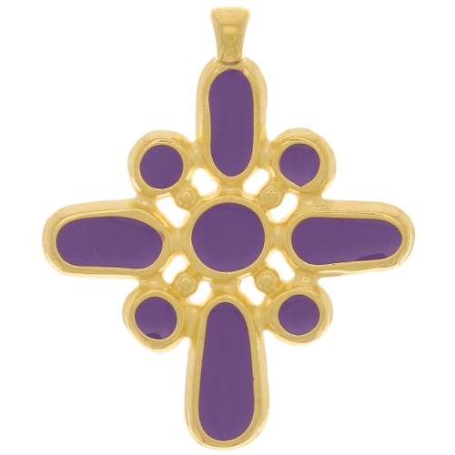 Pendentif croix 42x35 mm avec résine époxy - Doré à l'or fin - Violet x1