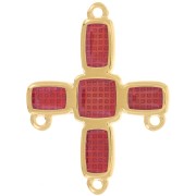 Pendentif croix chandelier 36x27.5 mm 3 anneaux & résine époxy Doré Or fin - Rouge|raw }}