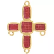 Pendentif croix chandelier 36x27.5 mm 3 anneaux & résine époxy Doré Or fin - Rouge