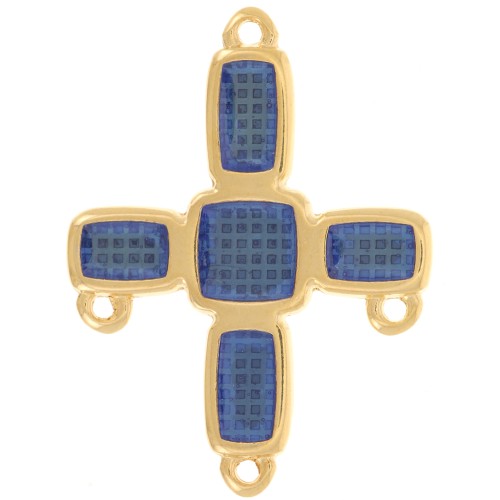 Pendentif croix chandelier 36x27.5 mm 3 anneaux & résine époxy Doré Or fin - Bleu