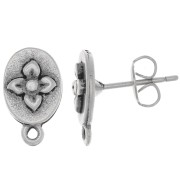 Clous d'oreilles ovale 13x8 mm motif fleur avec anneau fermé - Argenté vieilli x2|raw }}