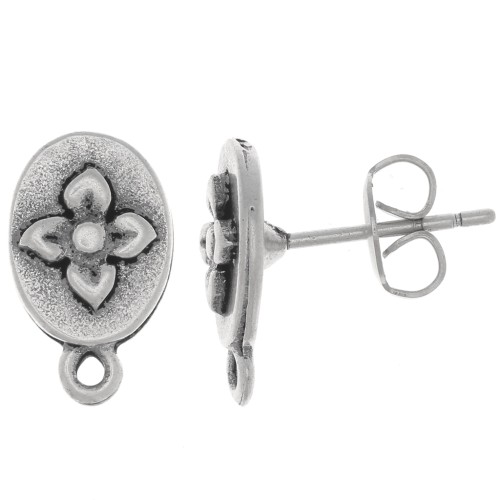 Clous d'oreilles ovale 13x8 mm motif fleur avec anneau fermé - Argenté vieilli x2