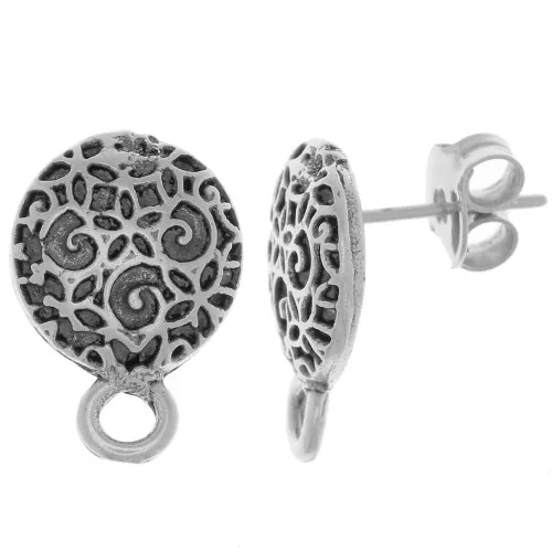 Clous d'oreilles rond travaillé 11 mm - Argenté vieilli x2