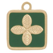 Breloque carré motif fleur 14x11 mm résine époxy Acier inox 316L Doré - Vert sapin|raw }}