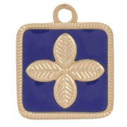 Breloque carré motif fleur 14x11mm résine époxy Acier inox 316L Doré - Bleu foncé|raw }}