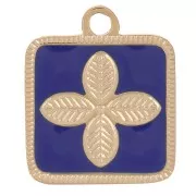 Breloque carré motif fleur 14x11mm résine époxy Acier inox 316L Doré - Bleu foncé