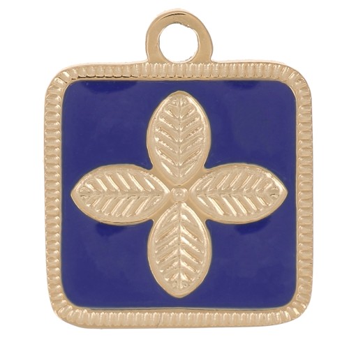 Breloque carré motif fleur 14x11mm résine époxy Acier inox 316L Doré - Bleu foncé