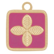 Breloque carré motif fleur 14x11mm résine époxy Acier inox 316L Doré - Fuchsia|raw }}