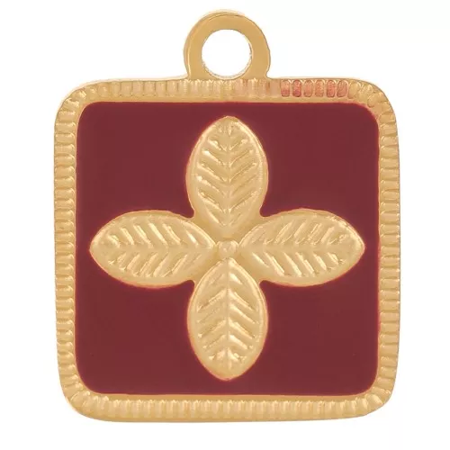 Breloque carré motif fleur 13.5x11mm résine époxy Acier inox 304 Doré - Bordeaux