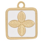 Breloque carré motif fleur 14x11 mm résine époxy Acier inox 316L Doré - Blanc|raw }}
