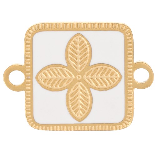 Intercalaire carré 16x11 mm - fleur - résine époxy Acier inox 316L Doré - Blanc