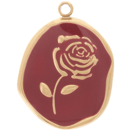 Pendentif irrégulier 20x14.5 mm - motif Rose - Acier inox 316L Doré - Bordeaux
