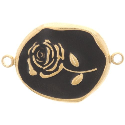 Intercalaire irrégulier 22x14.5mm - motif Rose - Acier inox 316L Doré - Noir