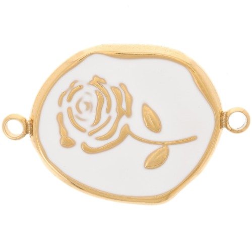 Intercalaire irrégulier 22x14.5mm - motif Rose - Acier inox 316L Doré - Blanc