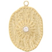 Pendentif irrégulier 23x15 mm motif soleil &  oxyde de Zirconium  Acier inox 316L Doré - Crystal|raw }}