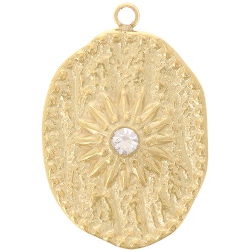 Pendentif irrégulier 23x15 mm motif soleil & CZ - Acier inox 304L Doré - Crystal