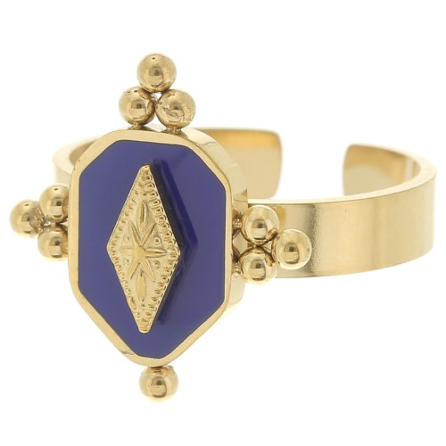 Bague fantaisie ethnique avec resine reglable Acier inox 316L Dore Bleu fonce Perles Co